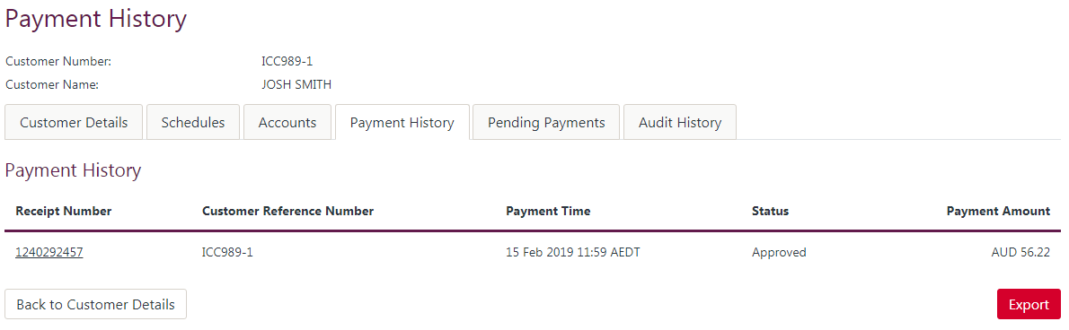 Customer Payment History Page
