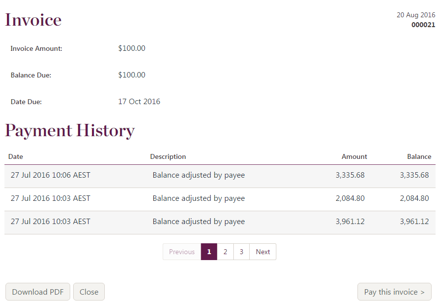 Invoice details modal example.