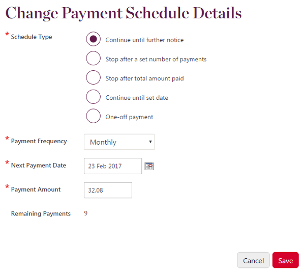 Example of the change schedule details page.