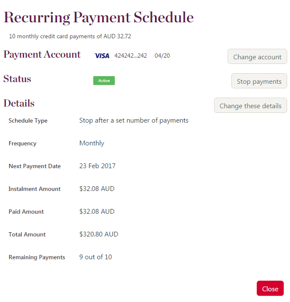 Example of the manage recurring payment screen.