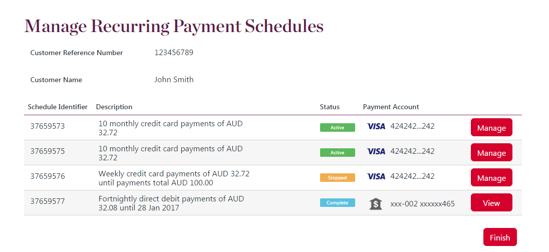 View recurring payment schedules page example, showing 2 active schedules, 1 stopped schedule and 1 completed schedule.